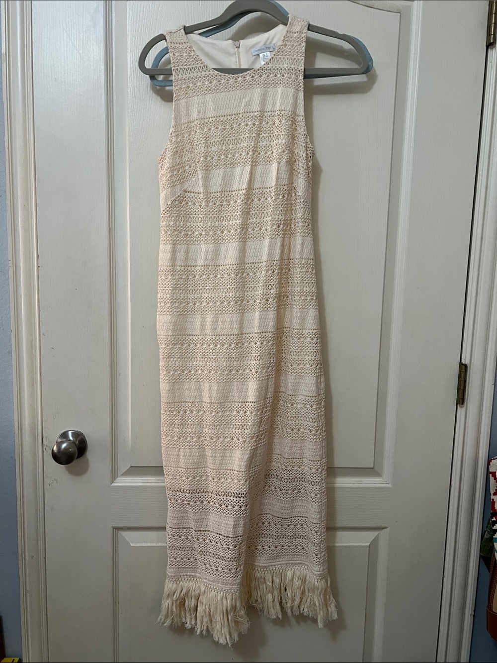 London Times Cream Crochet Maxi Dress with Fringe Hem